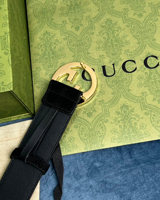 Gucci Blondie Belt 703147 Black Suede with Gold Interlocking G Buckle