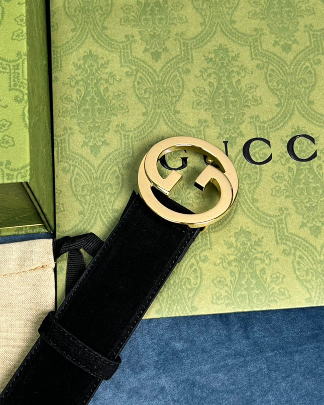 Gucci Blondie Belt 703147 Black Suede with Gold Interlocking G Buckle
