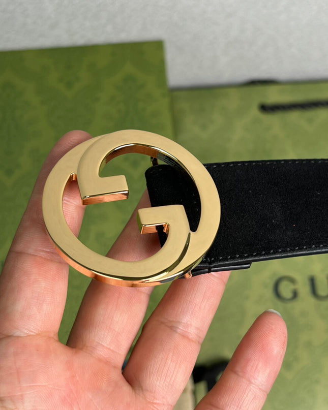 Gucci Blondie Belt 703147 Black Suede with Gold Interlocking G Buckle