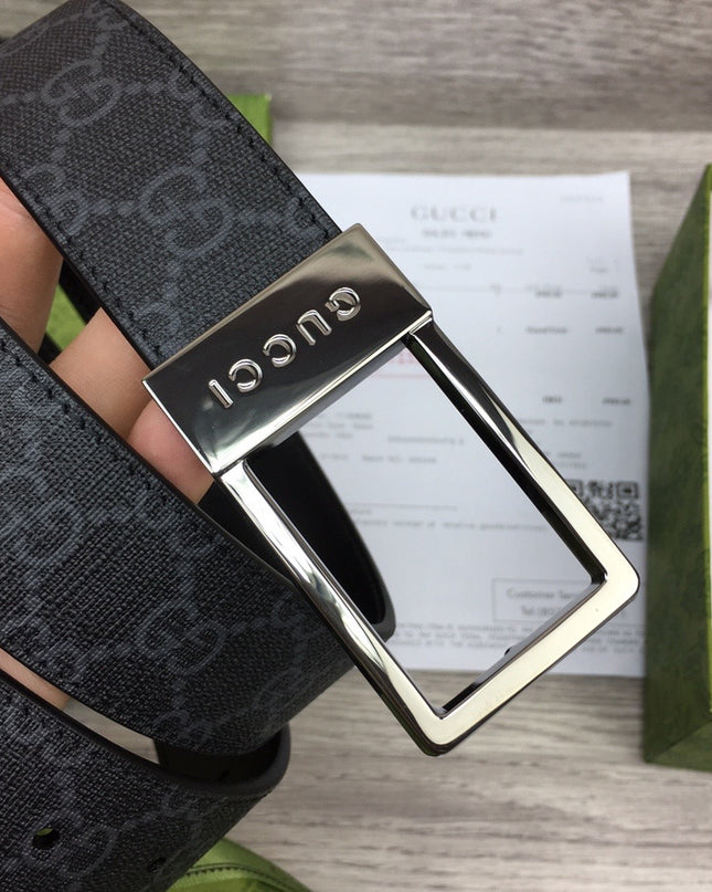 Gucci Canvas Belt – Black Monogram with Engraved Rectangular Buckle