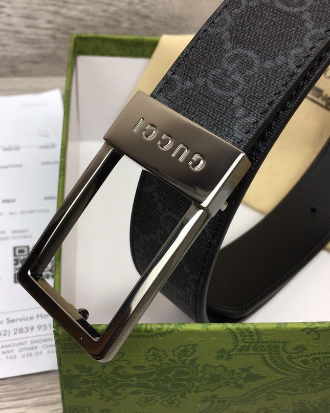 Gucci Canvas Belt – Black Monogram with Engraved Rectangular Buckle