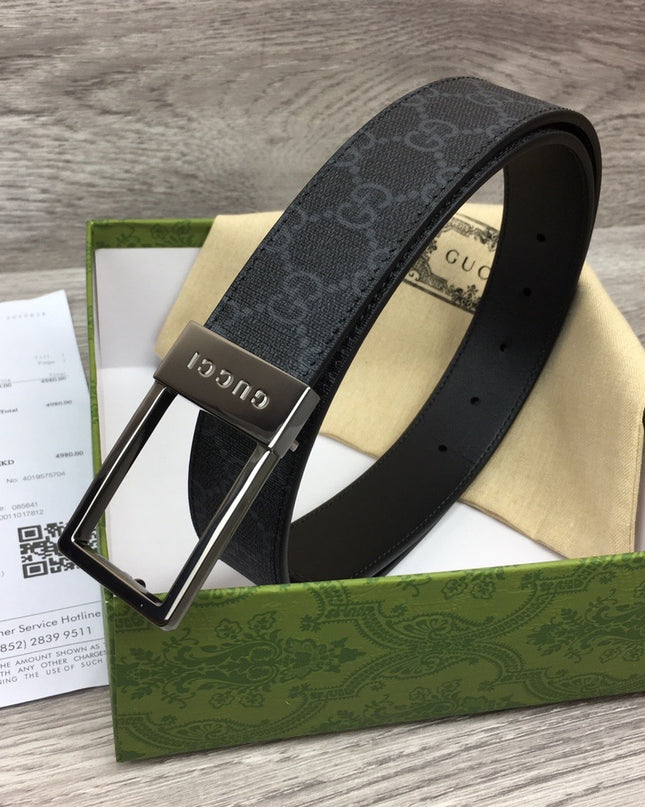 Gucci Canvas Belt – Black Monogram with Engraved Rectangular Buckle