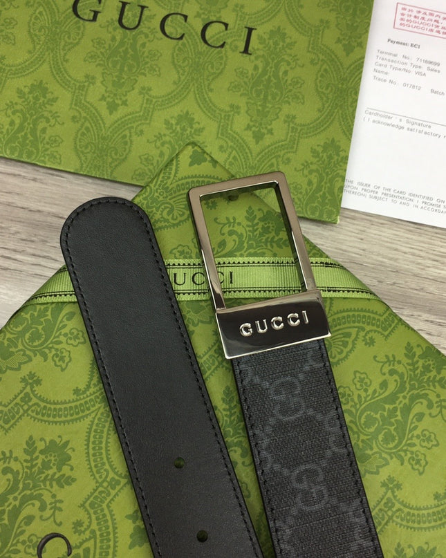 Gucci Canvas Belt – Black Monogram with Engraved Rectangular Buckle