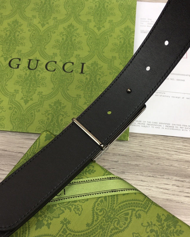 Gucci Canvas Belt – Black Monogram with Engraved Rectangular Buckle