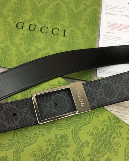 Gucci Canvas Belt – Black Monogram with Engraved Rectangular Buckle