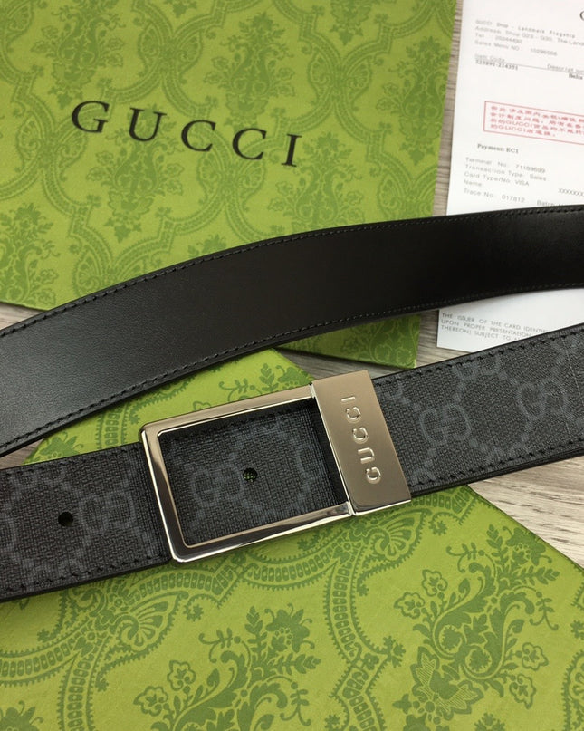 Gucci Canvas Belt – Black Monogram with Engraved Rectangular Buckle