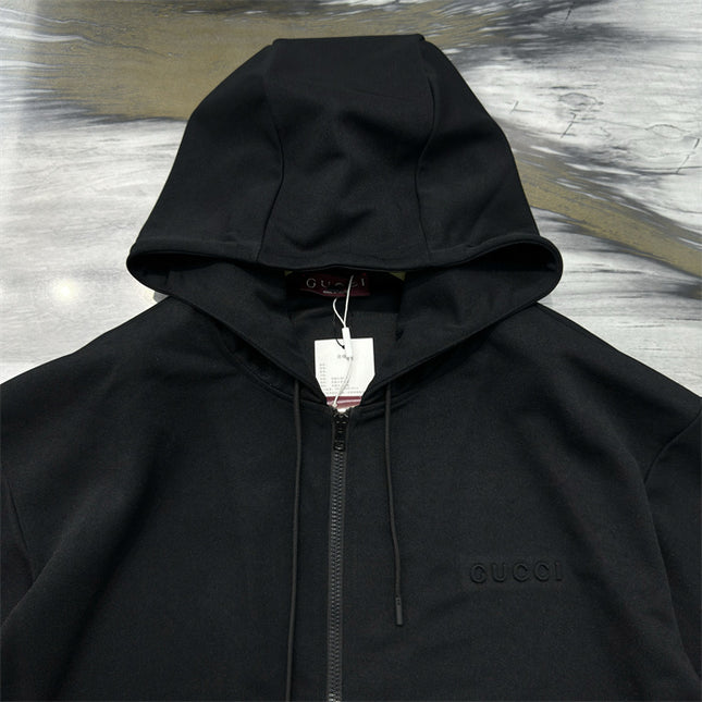 Gucci Cotton-Jersey Zip Hoodie with Embroidered Logo (Black)