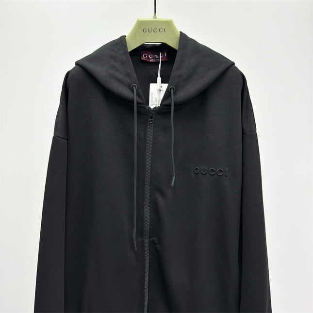 Gucci Cotton-Jersey Zip Hoodie with Embroidered Logo (Black)