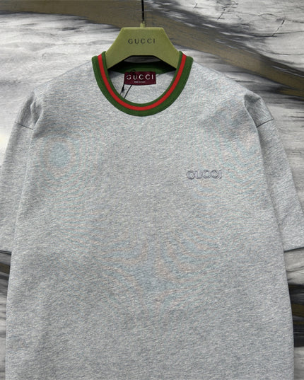 Gucci Cotton‑jersey T‑shirt With Green‑red Web Collar (Grey)