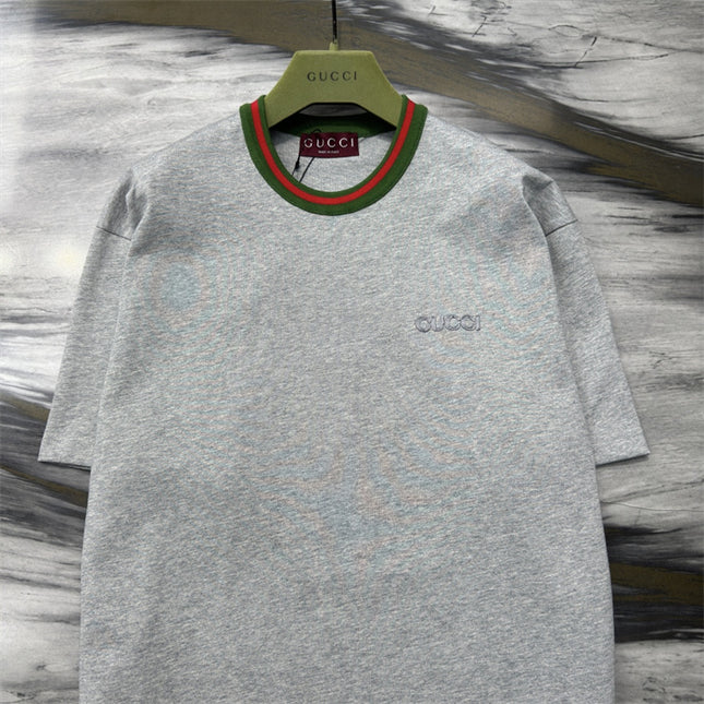 Gucci Cotton‑jersey T‑shirt With Green‑red Web Collar (Grey)