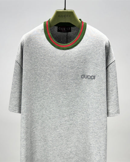 Gucci Cotton‑jersey T‑shirt With Green‑red Web Collar (Grey)