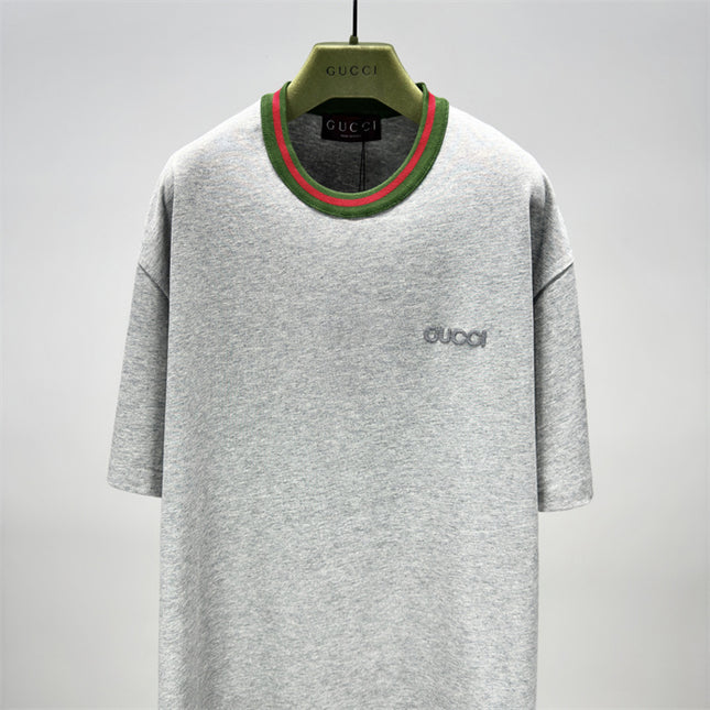 Gucci Cotton‑jersey T‑shirt With Green‑red Web Collar (Grey)