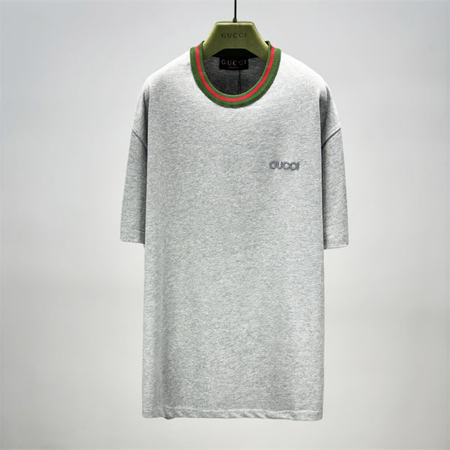 Gucci Cotton‑jersey T‑shirt With Green‑red Web Collar (Grey)