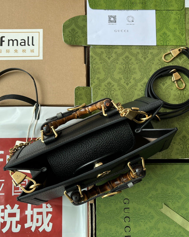 Gucci Diana Small Black Leather Tote Bag with Bamboo Handles