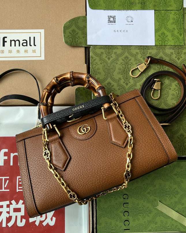 Gucci Diana Small Brown Leather Tote Bag with Bamboo Handles