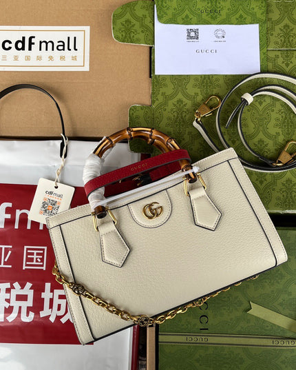 Gucci Diana Small White Leather Tote Bag with Bamboo Handles