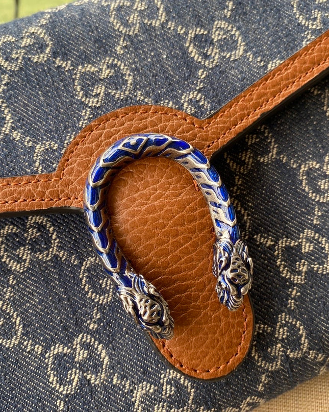 Gucci Dionysus Mini Chain Bag in GG Eco Washed Denim with Blue Enamel Tiger Head