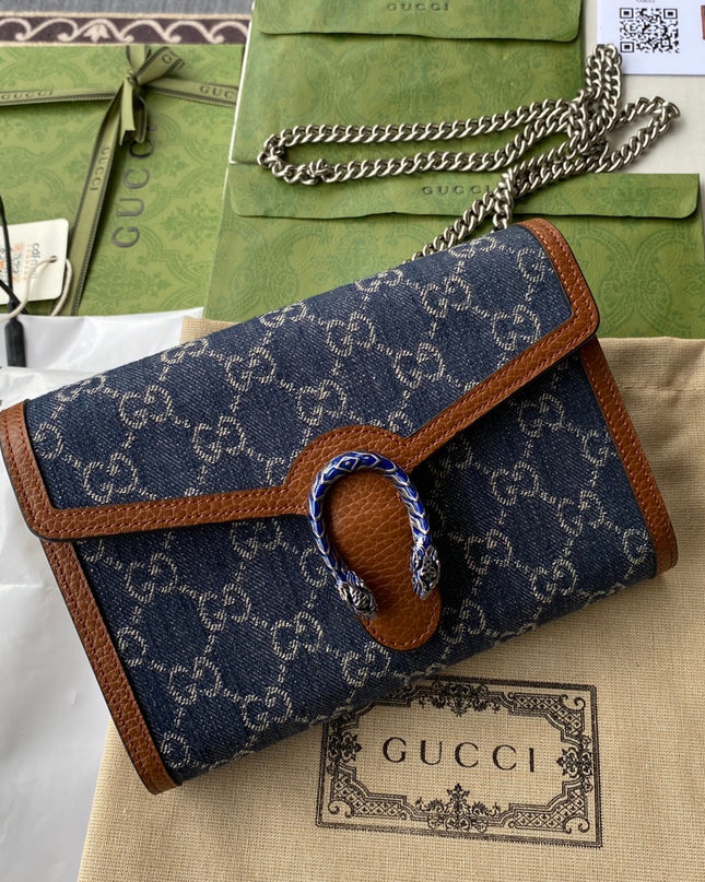 Gucci Dionysus Mini Chain Bag in GG Eco Washed Denim with Blue Enamel Tiger Head