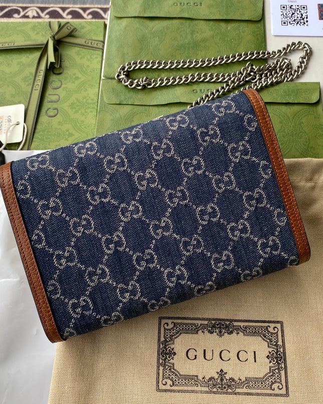 Gucci Dionysus Mini Chain Bag in GG Eco Washed Denim with Blue Enamel Tiger Head
