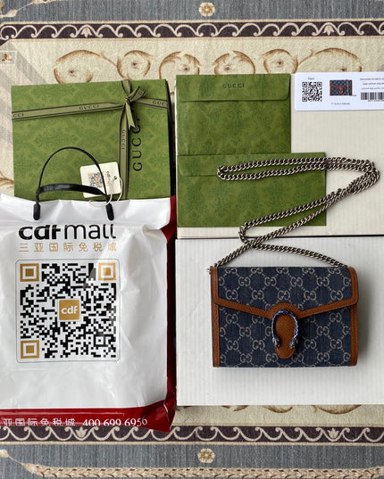 Gucci Dionysus Mini Chain Bag in GG Eco Washed Denim with Blue Enamel Tiger Head