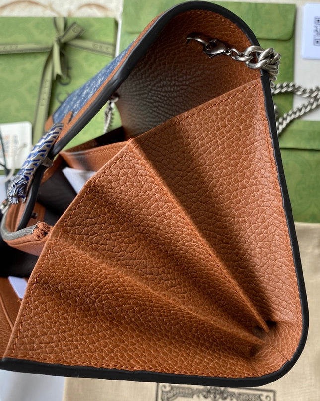 Gucci Dionysus Mini Chain Bag in GG Eco Washed Denim with Blue Enamel Tiger Head