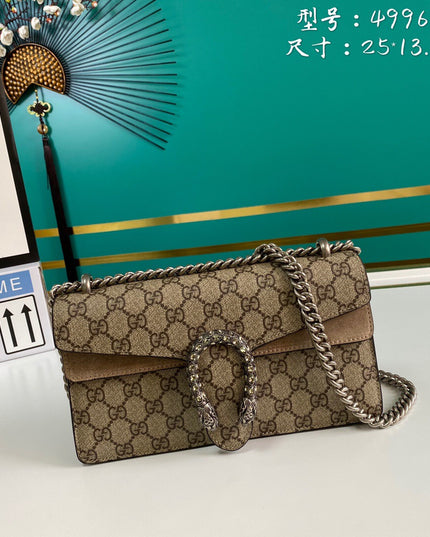 Gucci Dionysus Small GG Shoulder Bag with Red Suede and Crystal Tiger Head