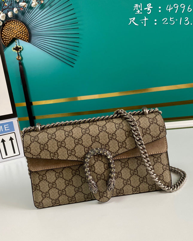 Gucci Dionysus Small GG Shoulder Bag with Red Suede and Crystal Tiger Head