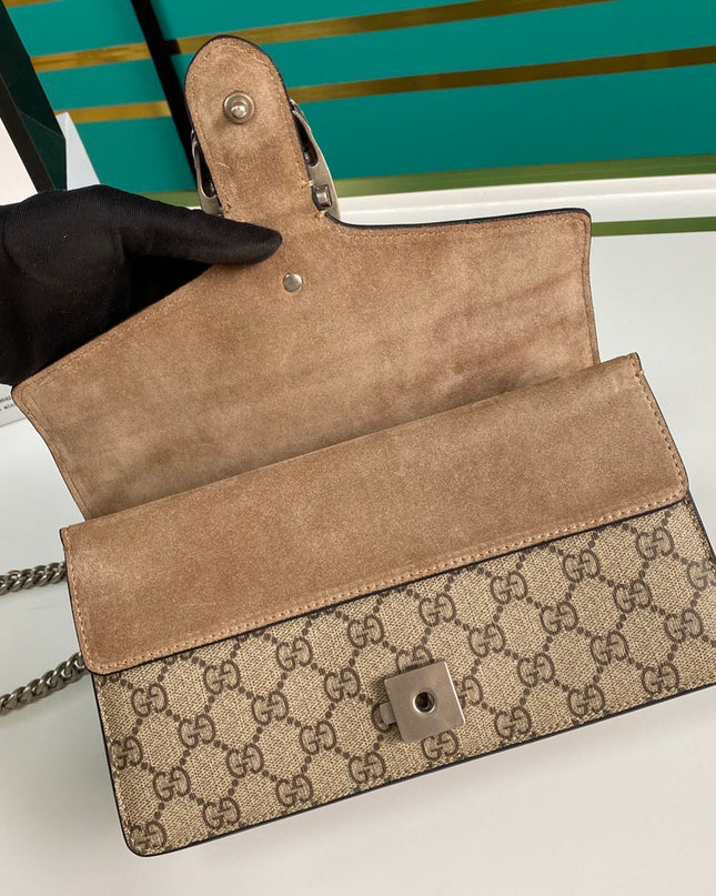 Gucci Dionysus Small GG Shoulder Bag with Red Suede and Crystal Tiger Head