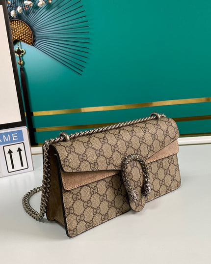 Gucci Dionysus Small GG Shoulder Bag with Red Suede and Crystal Tiger Head