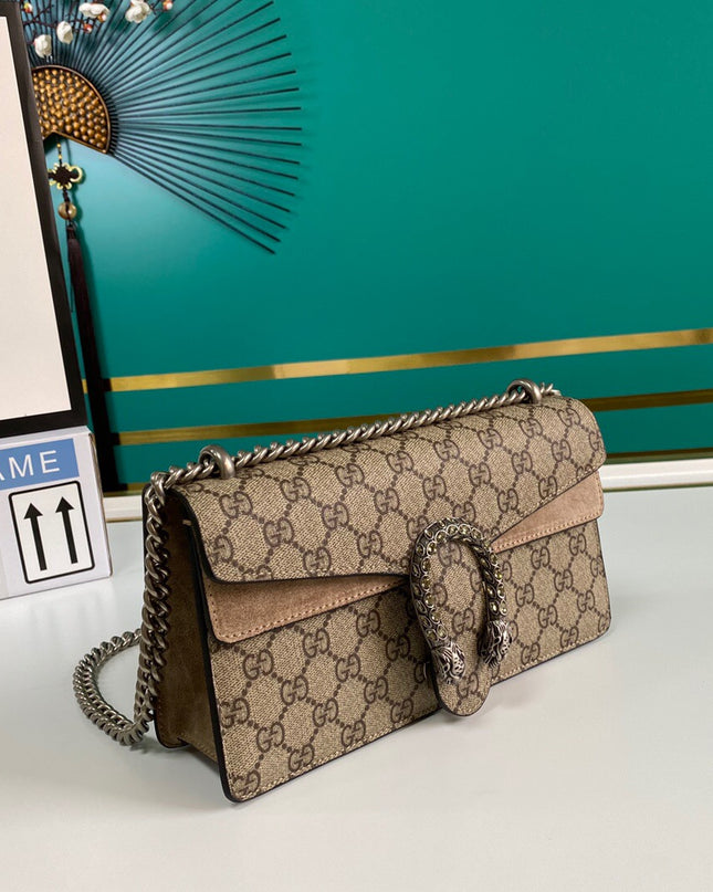 Gucci Dionysus Small GG Shoulder Bag with Red Suede and Crystal Tiger Head