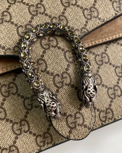 Gucci Dionysus Small GG Shoulder Bag with Red Suede and Crystal Tiger Head