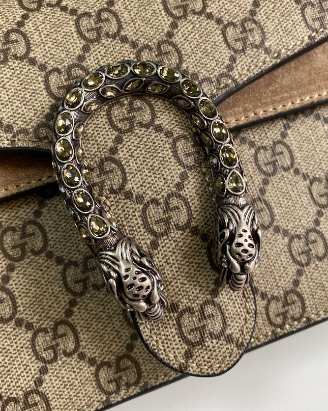 Gucci Dionysus Small GG Shoulder Bag with Red Suede and Crystal Tiger Head