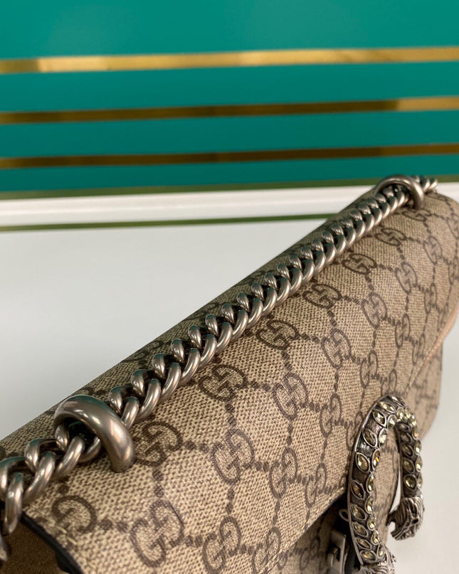 Gucci Dionysus Small GG Shoulder Bag with Red Suede and Crystal Tiger Head