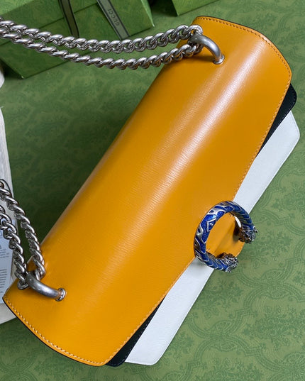 Gucci Dionysus Small Shoulder Bag in Orange & White Leather with Blue Enamel Tiger Head