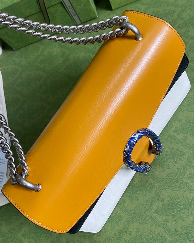 Gucci Dionysus Small Shoulder Bag in Orange & White Leather with Blue Enamel Tiger Head