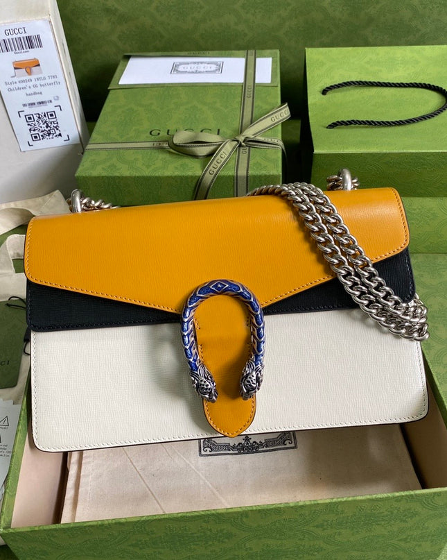 Gucci Dionysus Small Shoulder Bag in Orange & White Leather with Blue Enamel Tiger Head