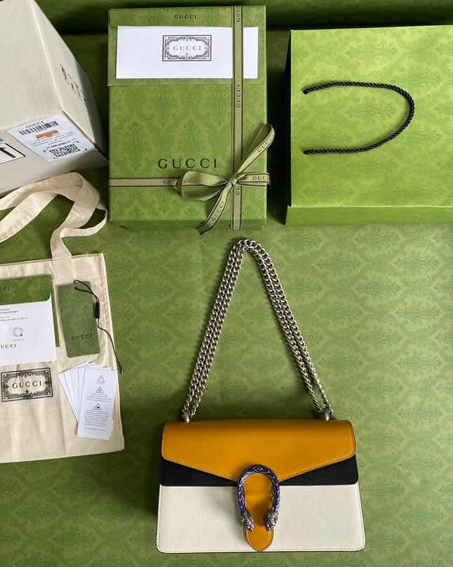 Gucci Dionysus Small Shoulder Bag in Orange & White Leather with Blue Enamel Tiger Head
