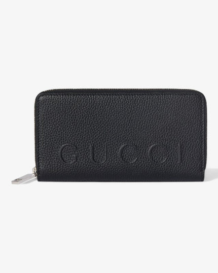 Gucci Embossed Black Grainy Leather Zip Around Wallet