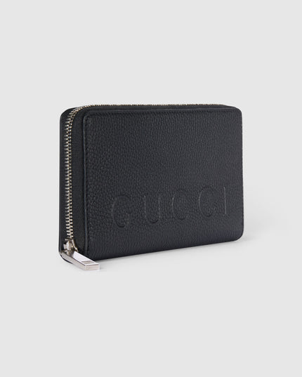 Gucci Embossed Black Grainy Leather Zip Around Wallet