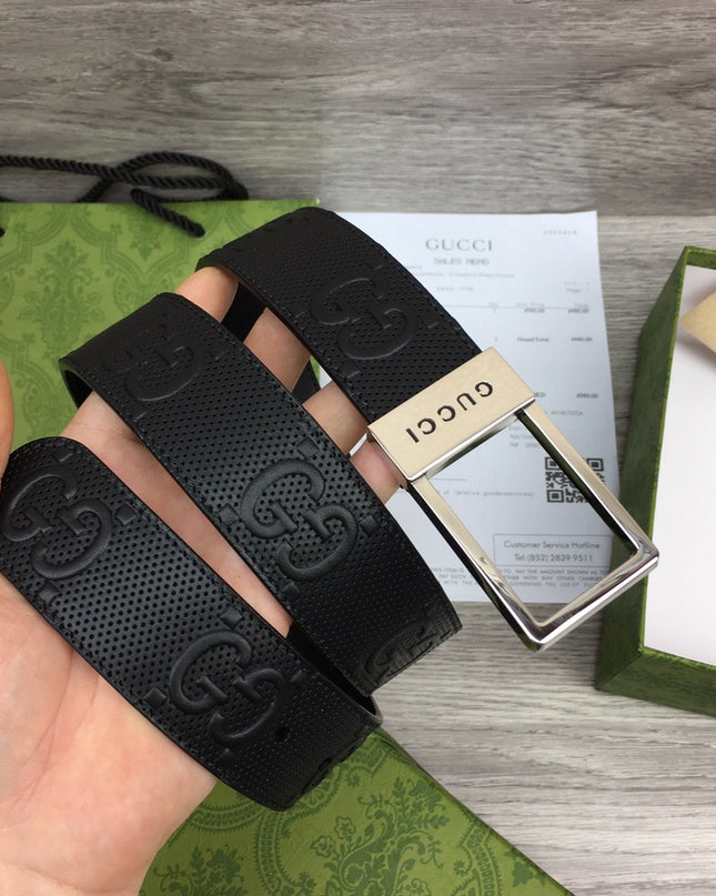 Gucci Embossed Leather Belt – Black with Silver Rectangular Buckle