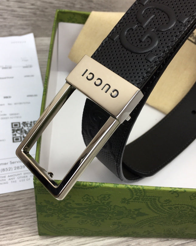 Gucci Embossed Leather Belt – Black with Silver Rectangular Buckle