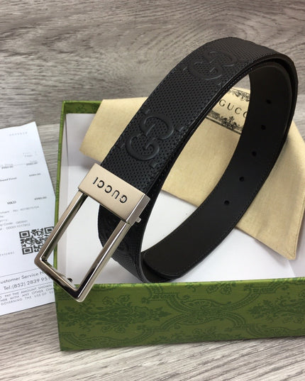Gucci Embossed Leather Belt – Black with Silver Rectangular Buckle