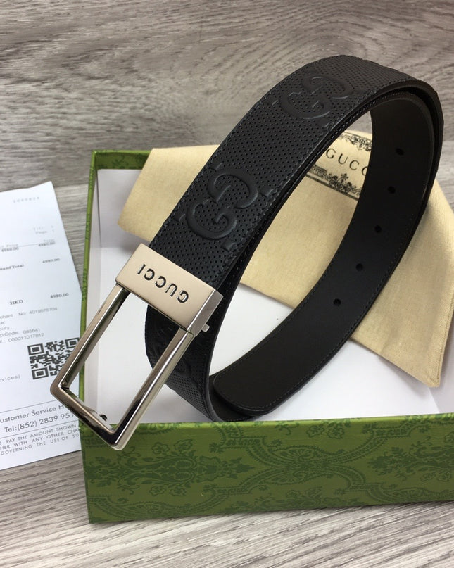 Gucci Embossed Leather Belt – Black with Silver Rectangular Buckle
