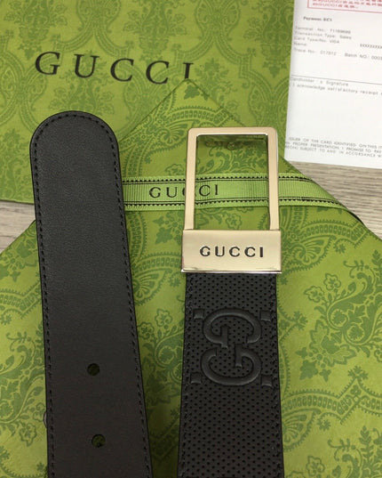 Gucci Embossed Leather Belt – Black with Silver Rectangular Buckle