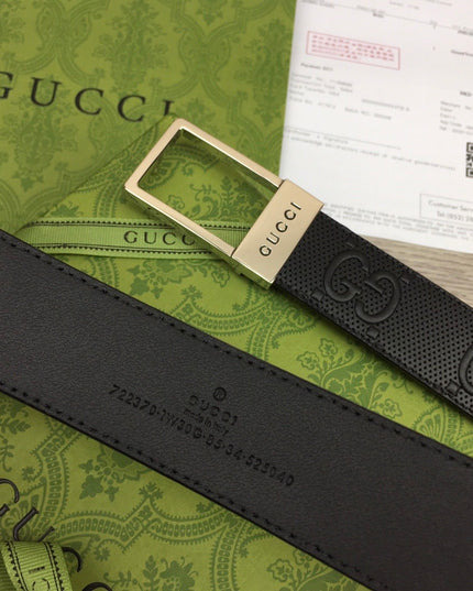 Gucci Embossed Leather Belt – Black with Silver Rectangular Buckle