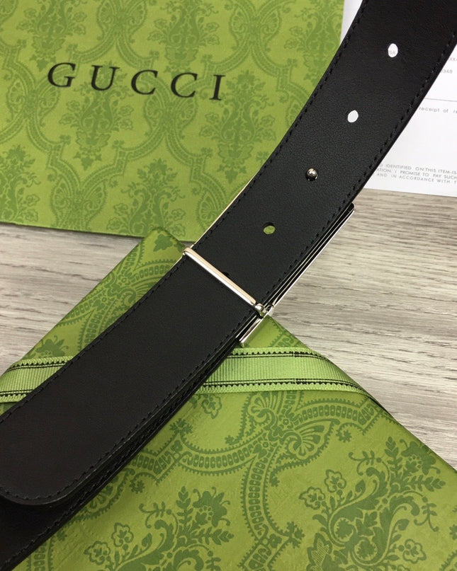 Gucci Embossed Leather Belt – Black with Silver Rectangular Buckle