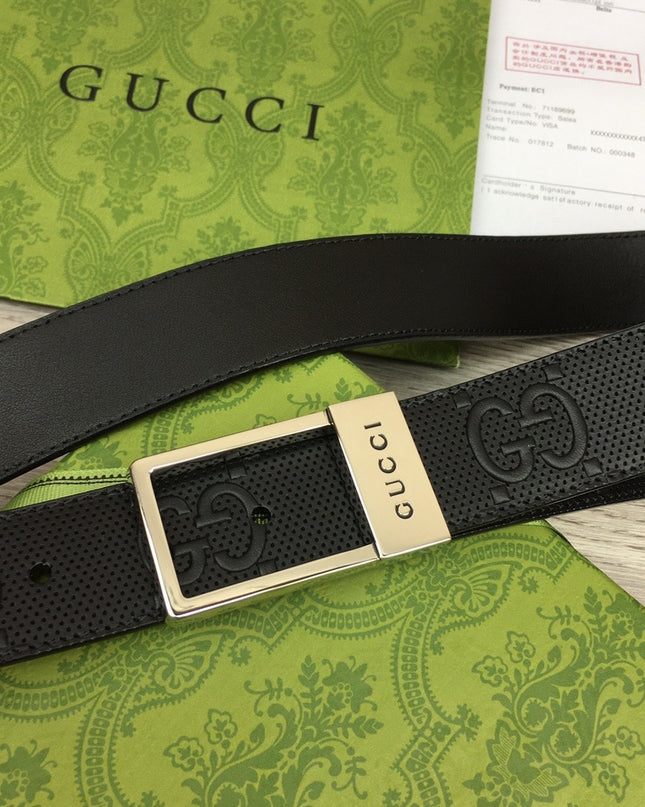Gucci Embossed Leather Belt – Black with Silver Rectangular Buckle