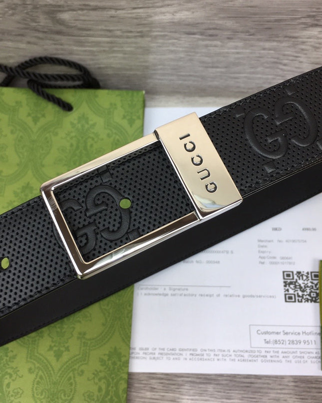 Gucci Embossed Leather Belt – Black with Silver Rectangular Buckle