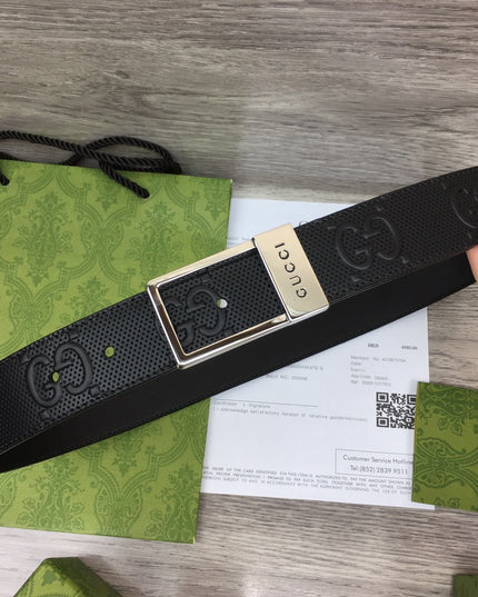 Gucci Embossed Leather Belt – Black with Silver Rectangular Buckle