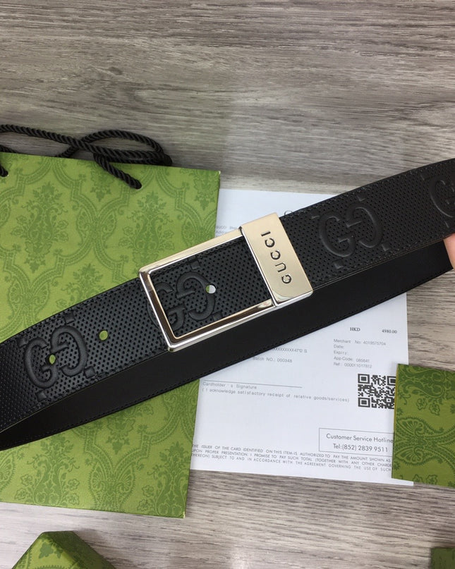 Gucci Embossed Leather Belt – Black with Silver Rectangular Buckle